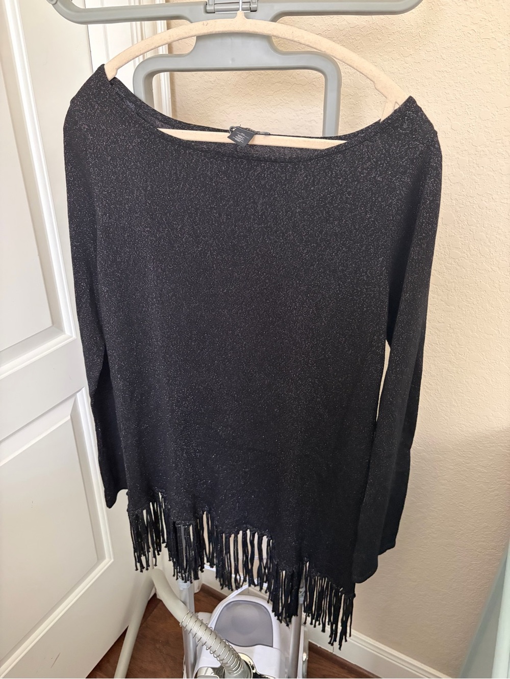 White House Black Market Black Shimmer Fringe Hem Long-Sleeve Top